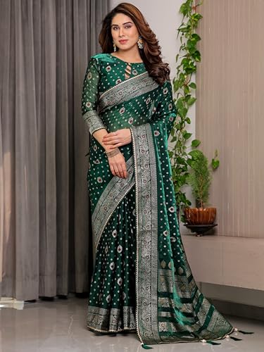 Image of ALMAARI FASHION Green Fendi Satin Foil Print Floral Saree with Tassels, Traditional Butti Motifs, 5.5m with 0.8m Blouse Piece