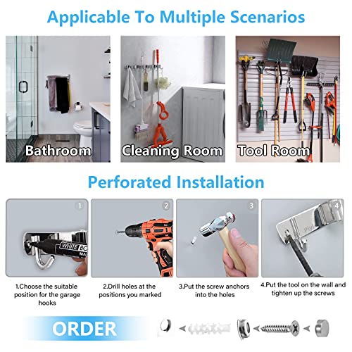 Piyl Broom Holder Wall Mount Garden Tool Organizer,Mop Hanger Wall Mounted Garage Storage,Kitchen,Laundry Utility Rack With 4 Racks And 5 Hooks - Metal Wall Holder For Broom, Rake,Mop Handles Up To 3/4” #TOP4