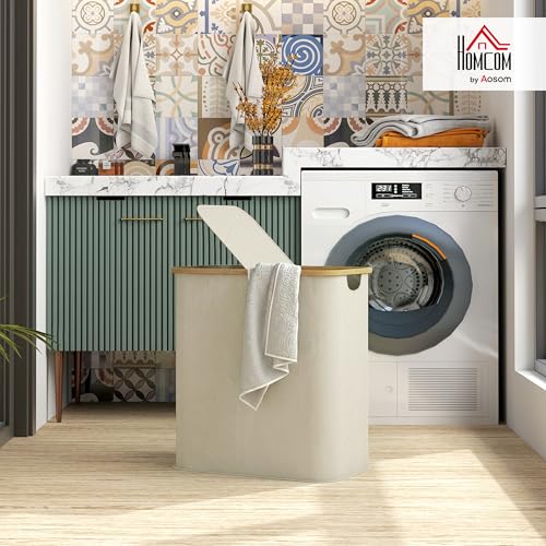 Panier à linge double pliable 80 L beige avec couvercle HOMCOM