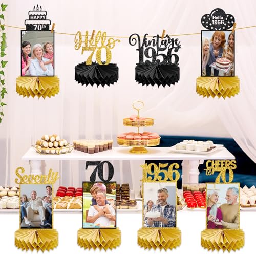 Image of Eucutur 8Pcs 70th Birthday Decorations Honeycomb Centerpieces for Women Men, Black Gold Vintage 1956 70th Bday Photo Table Centerpieces Party Supplies, Glitter Cheers to 70 Year Old Bday Table Topper