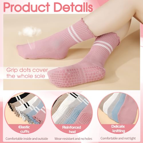 Image of Jspupifip Pilates Socks with Grips for Women, 6 Pairs Ruffle Yoga Socks Frilly Barre Non Skid Athletic Crew Grip Cotton Socks for Ballet, Dance, Workout, Fitness