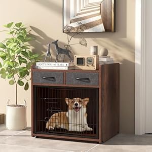 Giantex Dog Crate Furniture - Wooden Dog Cage End Table with 2 Storage Drawers, Latched Door, Pet House Dog Kennel Indoor for Small Dogs, Furniture-Style Dog Crate Side Table, Brown Giantex Dog Crate Furniture Wooden Dog Cage End Table with 2 Storage Drawers Latched Door Pet House Dog Kennel Indoor for Small Dogs Furniture Style Dog Crate Side Table Brown