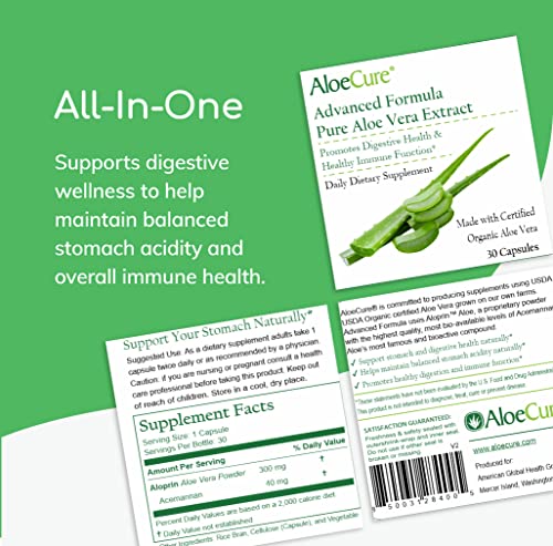 Aloecure Organic Aloe Vera Capsules, 130,000Mg Equivalent Per Capsule, Trial Size (30 Capsules), Natural Stomach Acid Buffer, Vegan Digestive & Immune Supplement, Grown On Organic Farms - Aloin Free #TOP6