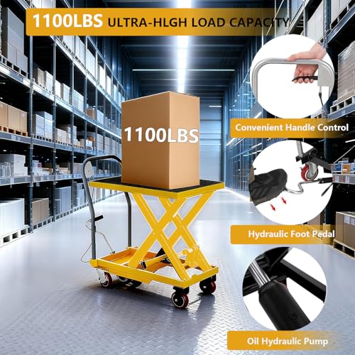 Image of GarveeTech Hydraulic Lift Table Cart, 330Lbs Load Capacity 28.5 Inch Lifting Height, Manual Single Scissor Lift Table with Non-Slip Pad and 4 Wheels,Hydraulic Scissor Cart (1100lbs - Single - Yellow)