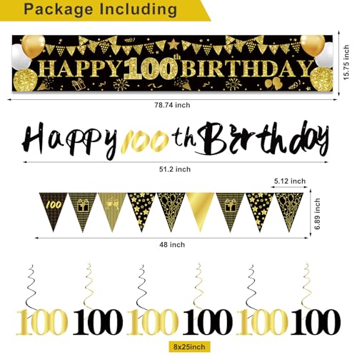 Image of 100th Birthday Decorations for Men, Black Gold 100th Party Decoration Kits | 27pcs Happy 100th Birthday Set, Banner, Honeycomb, Balloons, Gold Number, Candle, Hanging Swirls, Cake Topper, Party Supplies