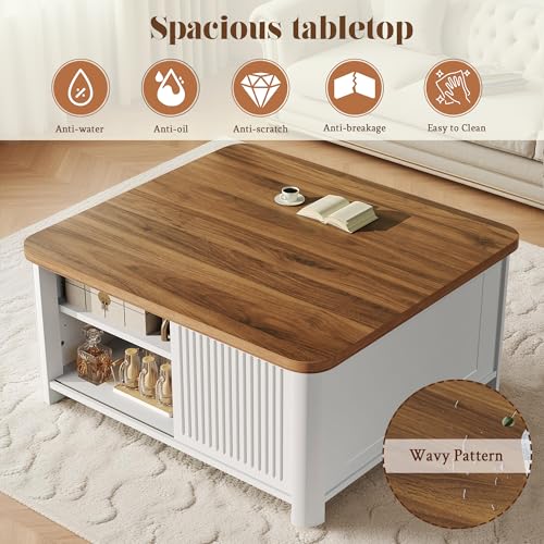 Image of Decofy Lift Top Coffee Table with Storage, Square Coffee Table with Large Hidden Storage & Adjustable Shelves, Farmhouse Center Table with Sliding Door for Living Room, Home Office, White