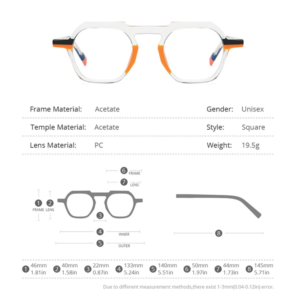 MUTYNE Montura de gafas de acetato multicolor para hombre, anteojos cuadrados retro, gafas para mujer