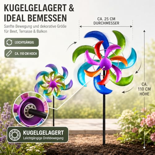 Molinillo de viento para jardín decorativo en metal multicolor de 110 cm con estaca resistente 7
