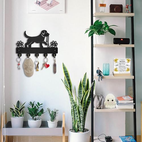 ORIGACH hölzerne Hundeleinenhalter Wand mit 5 Metallhaken Schlüsselhalter für Wand 30×16.9cm Hund Haustier Schlüsselbrett Schwarz für Haustür Küche Eingang Schlafzimmer