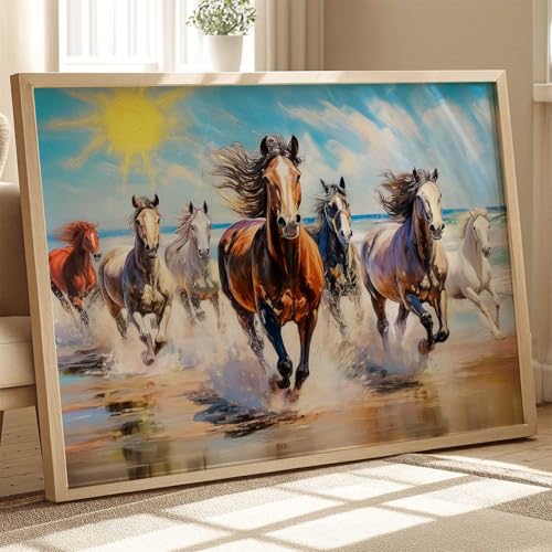 Image of HOTHOUSE Seven Running Vastu Lucky Horse Rising Sun Painting Wall Decor | 7 Horses Vastu Frame Wall Art Painting for Living Room Bedroom Office Home Decor Size (13X17 inch)