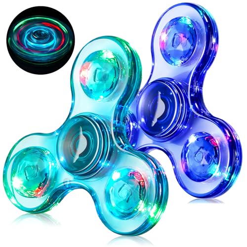 WELLVO LED Fidget Spinner for Kids Adults 2Pcs, Light up Sensory Fidget Toys for Kids 4-8 8-12 Anxiety Stress Relief, Classroom Prizes Glow in The Dark Hand Spinner Boys Girls Birthday Gifts