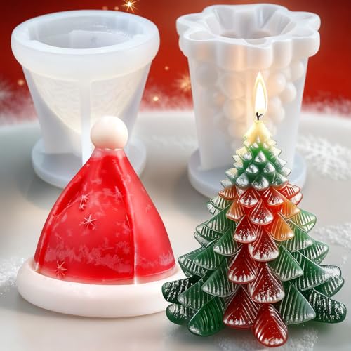 2pcs 3D Christmas Tree Silicone Candle Soap Epoxy Resin Wax Mold Silicone Shapes Christmas Trees Mold for Candle Resin Soap Craft Cake Chocolate Making Kit Christmas Gift (Christmas hat+Tree)