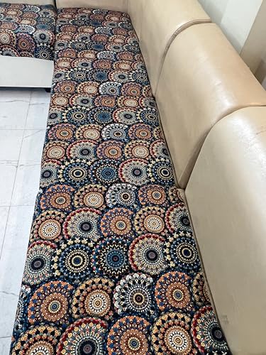 Image of JAPA Beige Medallion Rug Look Quilted Velvet L-Shape Seat-Only Sofa Cover for 3+2 Seater - Non-Slip Washable Daily Use Sofa Protector, Luxury Sofa Mat for Living Room