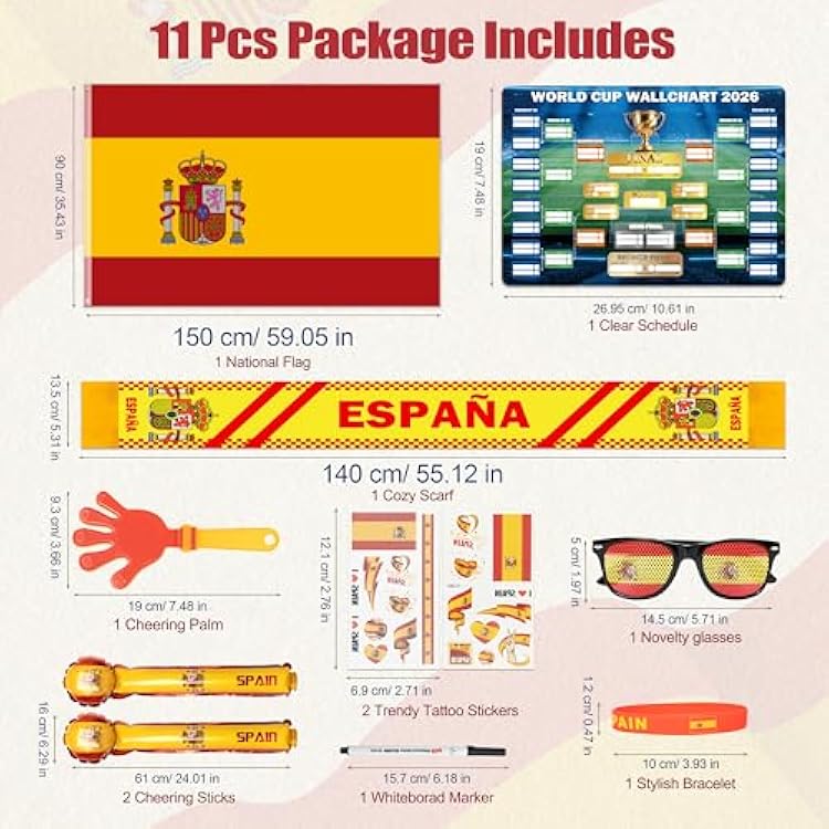World Cup 2026 Soccer Fan Support Kit 11PCS, World Cup Merch for Fans Accessories, Flag, Scarf, Glasses, Cheering Sticks, Clapper & Schedule Poster, Fan Gear for Match Day & Parties (Spain)