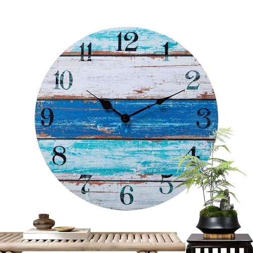 Beach Wall Clock - 30cm Wooden Non Ticking Vintage Coastal Timepiece | Rustic Blue Sea Theme Easy Read Wall Clock for Bedroom, L