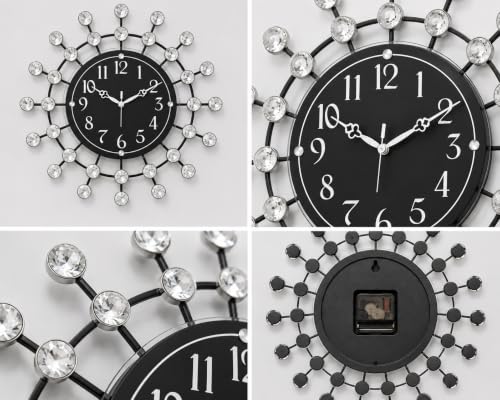 Image of CHRONIKLE Beautiful Floral Design Round Diamond Studded Home /Office Decor Analog Metal Wall Clock with Sweep Movement (Size: 36.5 x 5 x 36.5 CM | Color: Black | Weight: 805 grm)