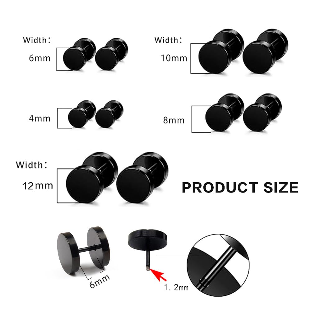 Orecchini da Uomo e Donna in Acciaio Inossidabile Finto Plug Nero 4mm/6mm/8mm/12mm/10mm 5 Paia