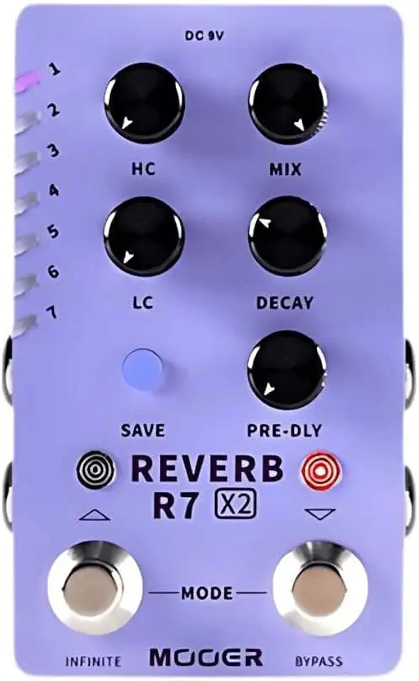 Mooer Pedal de Reverb R7 X2 M723 | para Guitarra, 14 Tipos de Reverb, Stereo, Trail On/Off, Tap Tempo, Presets, Interface USB, True Bypass, Compacto, 9V DC