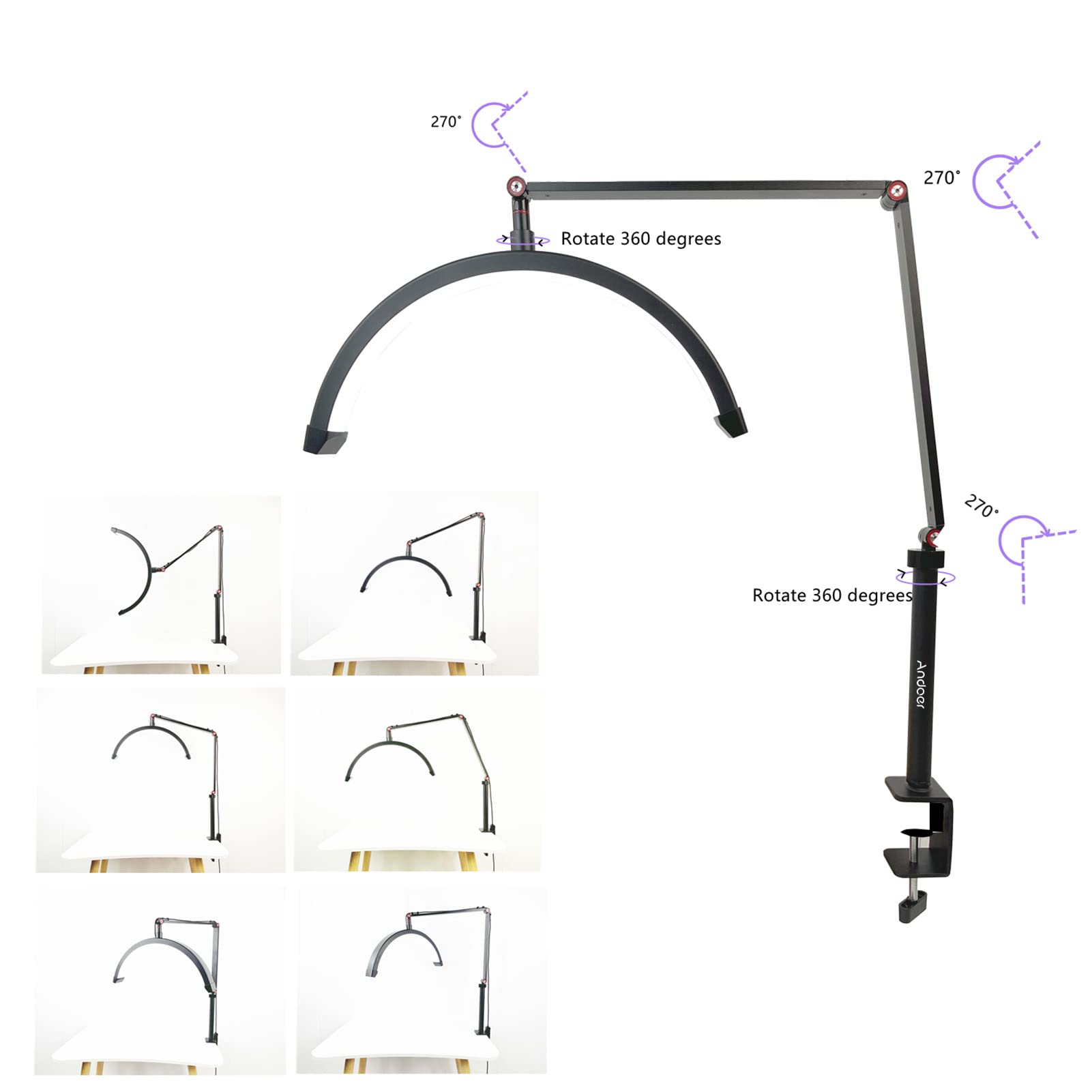 Andoer HD-M3X, luce LED, luce di riempimento mezzaluna, 3000-6000 K, dimmerabile, morsetto C, supporto metallico, per tatuaggi, ciglia, trucco live streaming