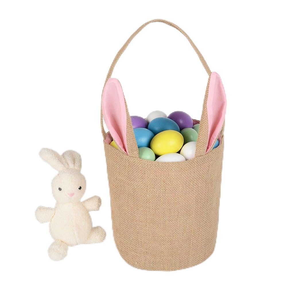 Homemiths Easter Bunny Baskets with Ears Stand Up, Cute Easter Canvas Jute Bags, Pink. 20x22 cm