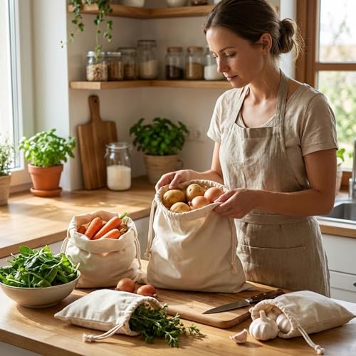 Image of Reusable Cotton Drawstring Storage Bags Set of 6 (2 Small, 2 Medium, 2 Large) | Washable Eco-Friendly Grocery & Vegetable Bags
