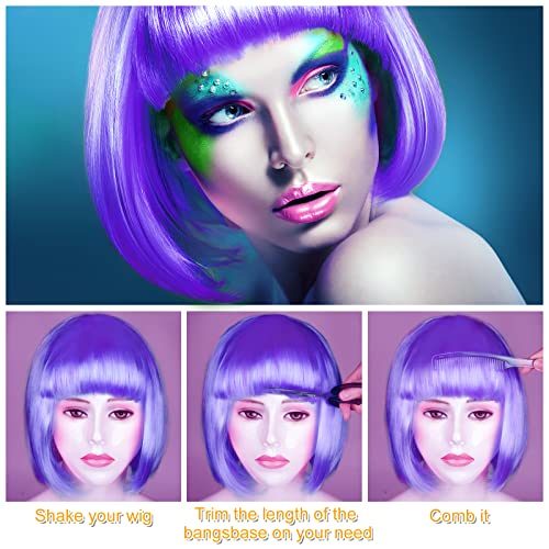 Image of PLULON Purple Bob Wig and Sunglass Set, Neon Short Bob Wig Sunglass Pack Costume Colorful Cosplay Hairpieces for Bachelorette Neon Party Favors, Halloween Decorations
