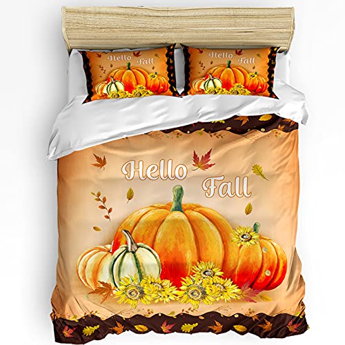 Olivefox Queen Duvet Cover Set Thanksgiving Autumn Harvest Pumpkins And Sunflowers Fall Leaves Border Set For Teens Kids Adult, Soft Bedding Set With 1 Comforter Cover And 2 Pillowcase #TOP2
