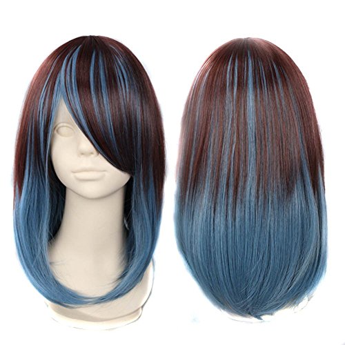 Wowlife 15inch / 40cm Long Wig Two Tone Gradually Varied One Piece Straight Hair Replacement Brown Dark Blue