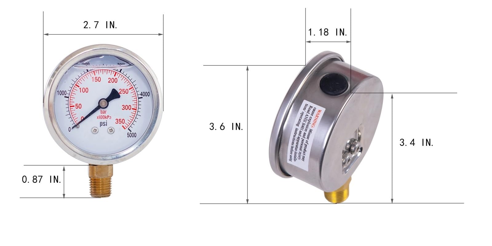 Manómetro compuesto de 2" relleno de glicerina, montaje inferior NPT de 1/4", de -30 inHg a 600 PSI/bar, doble escala, a prueba de golpes.(0-300 psi 0-20 bar)