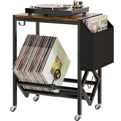 EKNITEY Supporto per giradischi in vinile – Tavolo per giradischi con spazio per 80 album con tasca organizer e ruote