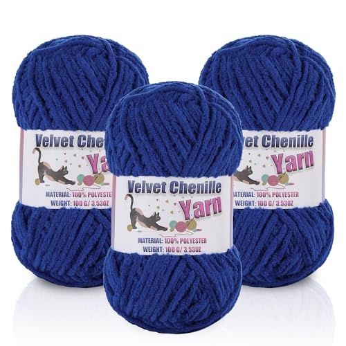 Image of 3 * 100g /3.5oz Fluffy Chenille Yarn for Crocheting, Chunky Velvet Yarn for Crochet Amigurumi, Used for Making Baby Yarns Blanket, Clothes, Pattern Knitting Creations (Sapphire Blue)