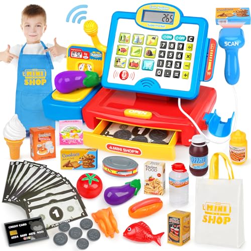 Cash Register Toy for Kids with Real Calculator, Cashier Register with Scanner/Weighter/Credit Card/ Play Money/ Food/Microphone, Pretend Play Store with Apron and Shopping Bag for Kids 3 4 5 6 7