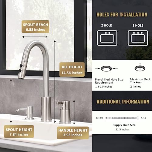 3 Hole Kitchen Faucet, Single Handle Stainless Steel Kitchen Faucet With Pull Down Sprayer, 2 Hole Widespread Kitchen Sink Faucet With Soap Dispenser, Brushed Nickel Kmf025L #TOP4