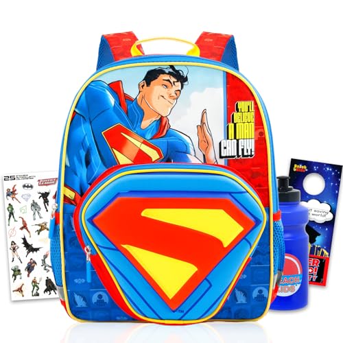 DC Comics Superman Backpack for Boys - Bundle with 14 Justice League Superhero Small Backpack with Water Bottle Stickers More | Superman Mini Backpack Set for Kids Toddlers