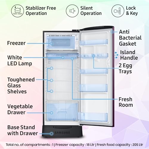 Image of Samsung 223 L, 3 Star, Digital Inverter, Direct-Cool Single Door Refrigerator (RR24C2Z23CR /NL, Red, Camellia Purple, Base Stand Drawer)