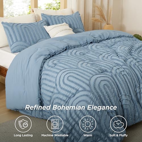 Image of Bedsure Boho Tufted Blue Comforter Set Queen Size, GentleSoft 3 Pieces Boho Farmhouse-Style Decor Bedding, Arch Bedding for All Seasons, 1 Bed Comforter, 2 Pillow Shams, 90x90 Inches