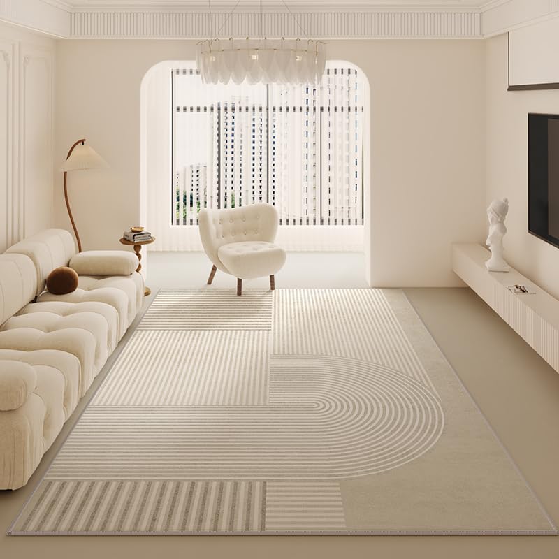 QJDTZMD Alfombra Sala 140 x 160 cm Alfombra Interior Antideslizante Lavable en Lavadora Pelo bajo para Dormitorio Kitchen Comedor Corredor Líneas geométricas Modernas Beige