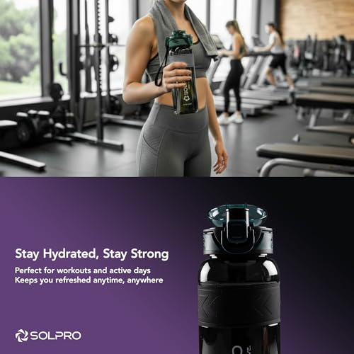 Image of Solpro Agua Spain Sipper Water Bottle 1000 ml Leakproof BPA Free, Sipper Bottle for Kids, Men, Women, Adults for School, Office, College, Travel, Gym, Workout, Outdoor, Camping (Black /Alpine Green)