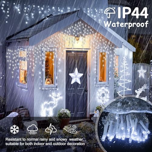 Image of MIRADH Icicle Diwali Lights Outdoor, 10ft 96 LED with 16 Drops Icicle Lights, Plug in Lights with 8 Modes Waterproof for Decoartion Light for Diwali, Christmas, Birthday, Ganesh Puja (White)