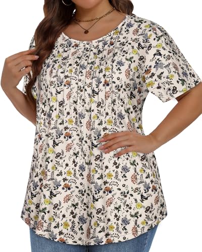 Image of Plus Size Tops for Women Pleated Summer Top Trendy Short Sleeve Shirts Casual Basic Tee Crew Neck Blouses 2026