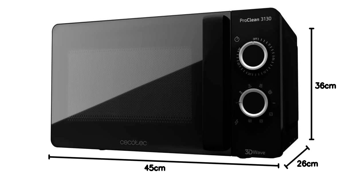 Cecotec Microondas con Grill Negro ProClean 3130. 700 W en 6 Niveles, Capacidad de 20 L, Revestimiento Ready2Clean, Tecnología 3DWave, Diseño puerta FullCrystal y Detalles metálicos