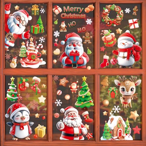 Image of AhfuLife Christmas Window Clings, 9 Sheets Xmas Window Stickers for Christmas Decorations, Reusable Double Sided Santa Claus Reindeer Snowman Penguins Clings for Xmas Decorations