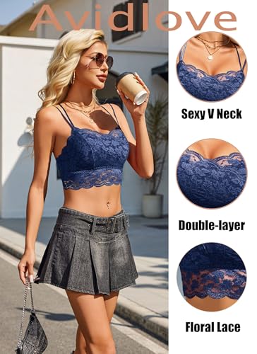 Image of Avidlove Bralettes for Women Lace Camisole V Neck Double-Layered Adjustable Strap Tank Cami Crop Top