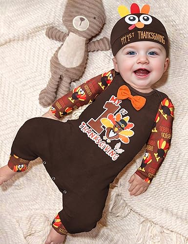 My First Thanksgiving Baby Boy Outfit,Long Sleeve Romper+Suspender Pant+Turkey Hat 3PCS Thanksgiving Baby Boy Clothes4