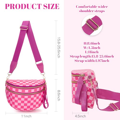 WOOMADA Checkered Crossbody Bag Bum Bag for Women, Spacious Nylon Fanny with Adjustable Strap, Stylish Belt Bag Purse(Hot Pink Checkerboard)2