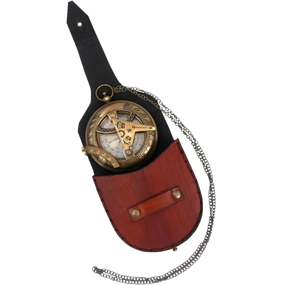KHUKHRIWALA Handicraft Brass Compass Unique Print Engraved Compass with Leather Case and Chain A Great Gift Item (Antique)-picture-26