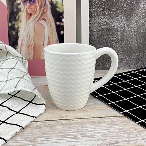 Schliersee White Ceramic Coffee Mugs set of 6, Stylish Embossed Coffee Cups Set with Different Patterns, for Coffee, Tea, Milk, Cocoa, Cereal (13.5 Ounce)