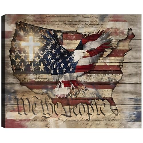 Image of Framed We The People Bald Eagle USA Map Wall Art, Patriotic American Flag Canvas Art Pictures, Patriotic Wall Decor for Office Living Room Man Cave, Ready to Hang Made in USA