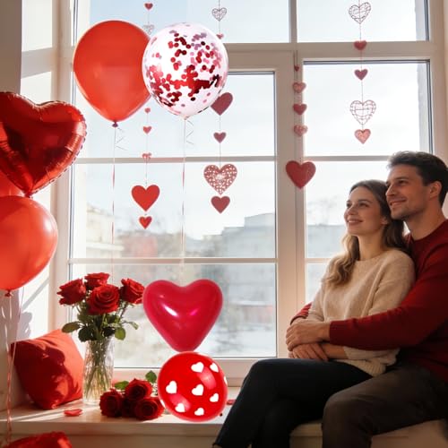 Image of 75 PCS Valentines Day Balloons with Red Heart Balloons and Printed Confetti Latex Balloons for Valentine's, Proposal, Wedding Party Romantic Decorations