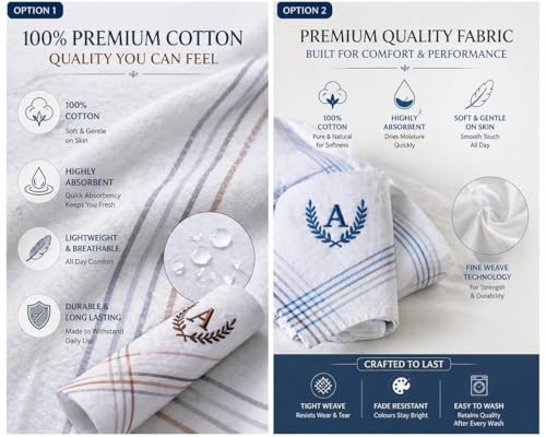 Image of GOLU MOLU Cotton White Formal Handkerchief Pack Of 6 | Office Travel Daily Use | Custom Initial Design | Free Size | Cotton Fabric | Customised N95 Mask Included